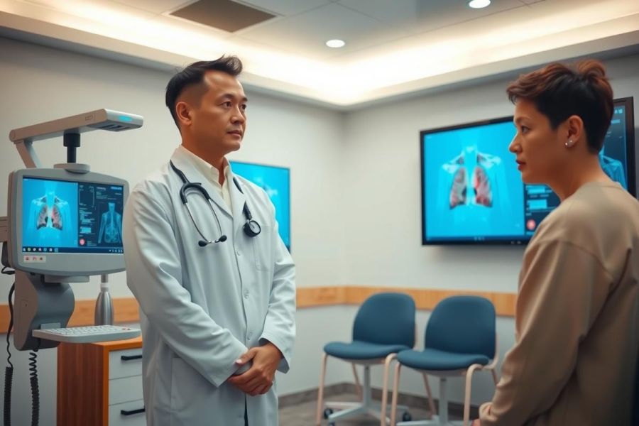 Doctor in white coat examines patient in clinic setting. X-ray display visible. Healthcare professional consultation, diagnostic imaging, medical examination.