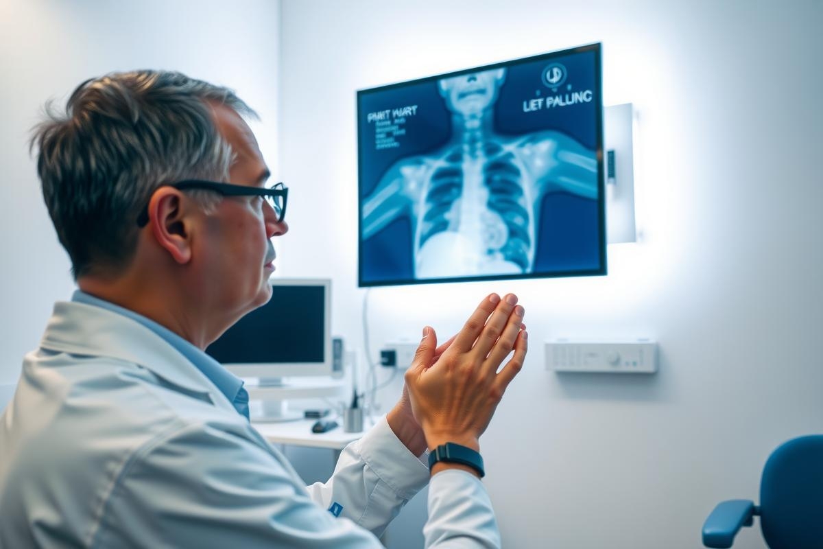 Doctor examining an X-ray in a medical office. The image shows a healthcare professional reviewing a chest X-ray, highlighting diagnostic procedures and medical imaging in a clinical setting.