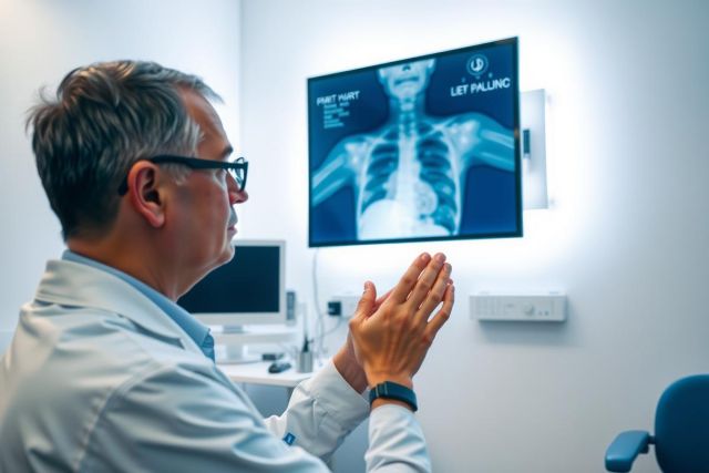 Doctor examining an X-ray in a medical office. The image shows a healthcare professional reviewing a chest X-ray, highlighting diagnostic procedures and medical imaging in a clinical setting.