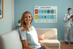 In this image, a woman is sitting in what appears to be an ophthalmologist's office. She is wearing a medical outfit, suggesting she may be a healthcare professional or a patient receiving treatment. On the wall behind her, there are posters with various colorful charts and graphs related to eye health information, which aligns with the context of the setting. There is also a couch visible in the background where another person might sit if waiting for their appointment.