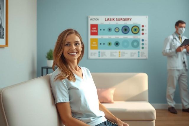 In this image, a woman is sitting in what appears to be an ophthalmologist's office. She is wearing a medical outfit, suggesting she may be a healthcare professional or a patient receiving treatment. On the wall behind her, there are posters with various colorful charts and graphs related to eye health information, which aligns with the context of the setting. There is also a couch visible in the background where another person might sit if waiting for their appointment.