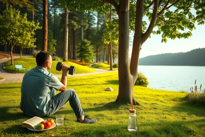 The image depicts a tranquil scene of a man sitting on the grass, near the water. He is casually dressed and appears to be looking through binoculars or at a book, suggesting he might be observing nature or enjoying some leisure time outdoors.