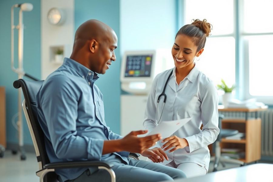 Doctor discussing results with a patient in a medical exam room. Healthcare professional, patient consultation, medical check-up, diagnostics, clinical setting, white coat, examination.