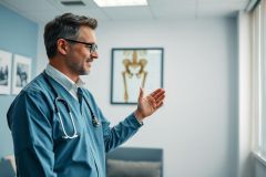 A male doctor in blue scrubs and glasses stands in a modern clinic or hospital hallway. He's gesturing while speaking, with a framed anatomical skeleton print on the wall behind him. The scene features a bright, clean environment with natural light and a calming blue color palette, representing healthcare and medical professionals.
