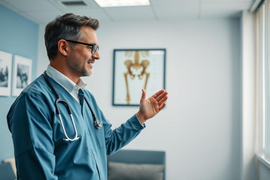 A male doctor in blue scrubs and glasses stands in a modern clinic or hospital hallway. He's gesturing while speaking, with a framed anatomical skeleton print on the wall behind him. The scene features a bright, clean environment with natural light and a calming blue color palette, representing healthcare and medical professionals.