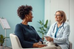 Doctor and patient consultation in a bright, modern medical office. A smiling Black woman speaks with a female doctor wearing a white coat and stethoscope. The scene features a light blue wall and calming greenery, representing healthcare and wellness.