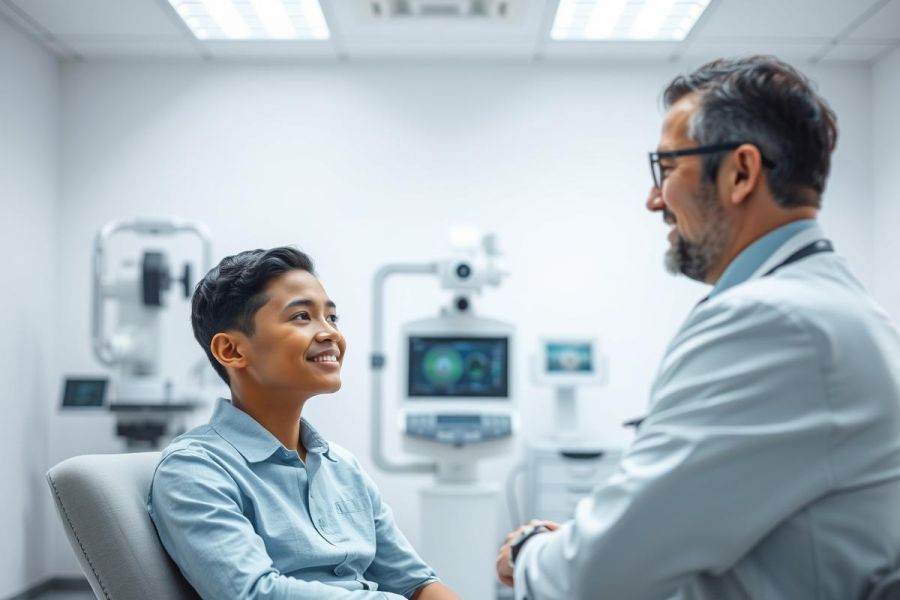 A smiling boy consults with a doctor in a modern, bright clinic. The scene features medical equipment and a clean, white interior.