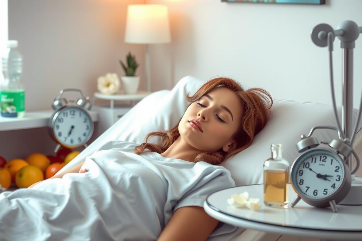 The image depicts a woman lying in a hospital bed, appearing to be resting or possibly recovering from an illness. She is under a blanket and looks to be asleep. The room has a clean, clinical look with white walls and minimal decoration.