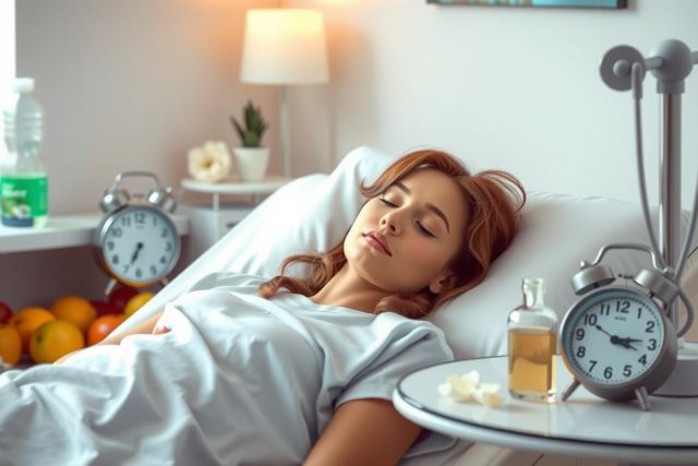 The image depicts a woman lying in a hospital bed, appearing to be resting or possibly recovering from an illness. She is under a blanket and looks to be asleep. The room has a clean, clinical look with white walls and minimal decoration.