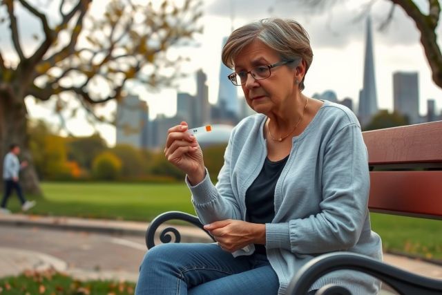 This is a photo of an older woman sitting on a bench. She is wearing glasses and appears to be looking at something in her hand, possibly food or flowers. Her expression is contemplative.