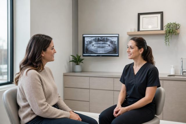 Dentist explains post‑treatment recovery to a patient in a calm dental consultation room.
