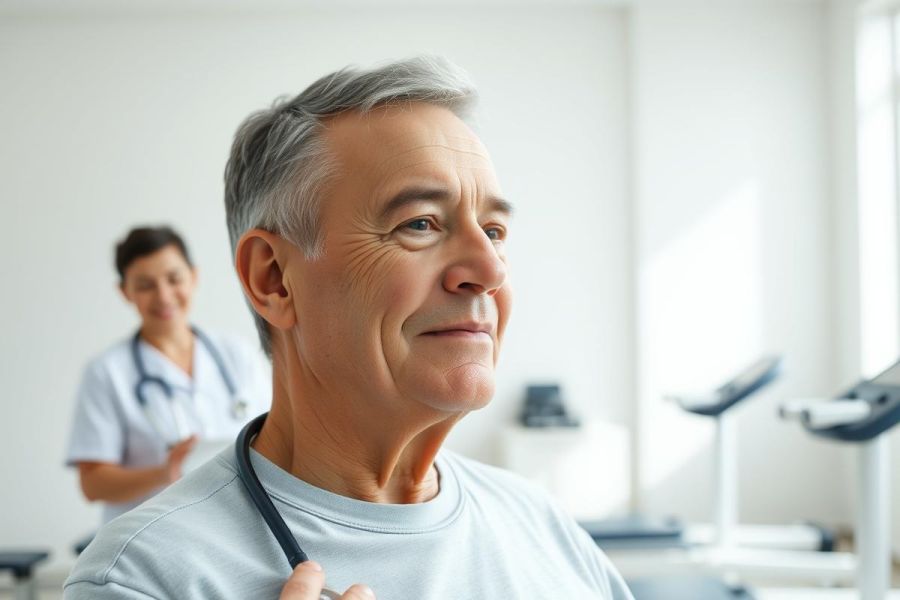 Senior man receiving medical checkup in a bright, modern clinic. A female nurse with a stethoscope is in the background near exercise equipment. Focus on health, wellness, and elderly care.