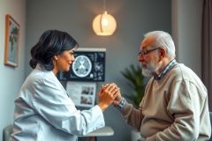 A doctor comforts a senior patient, offering support and empathy. The scene depicts a caring healthcare setting with warm lighting and a close-up view of their hands clasped together. Represents medical care, compassion, and elderly support.