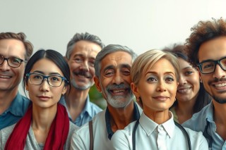 The image displays a diverse group of individuals posing together for a photo. They appear to be in a clinical or healthcare-related setting, indicated by the white coats worn by some individuals.