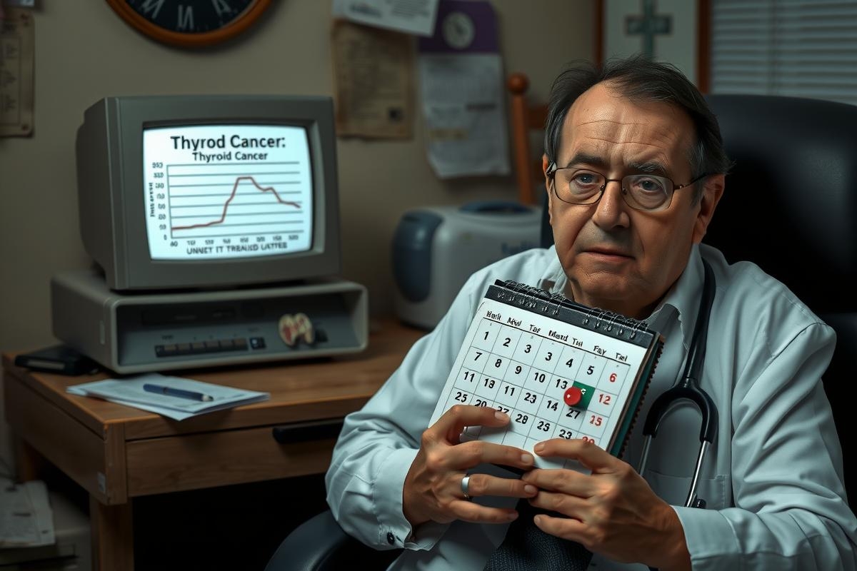 The image shows a middle-aged man seated at a desk in an office environment. He is wearing glasses and appears to be concerned as he looks down at some documents on the desk. In front of him, there's a computer monitor displaying a chart or graph related to medical data. The man has his hands clasped together in front of him and seems focused on the data presented.
