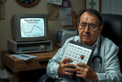 The image shows a middle-aged man seated at a desk in an office environment. He is wearing glasses and appears to be concerned as he looks down at some documents on the desk. In front of him, there's a computer monitor displaying a chart or graph related to medical data. The man has his hands clasped together in front of him and seems focused on the data presented. 