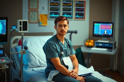 The image depicts a man in a medical setting. He is dressed in hospital scrubs, indicating he may be a healthcare professional such as a doctor or nurse. The environment suggests this could be an intensive care unit or a similar critical care area of the hospital. There are monitors and medical equipment visible behind him, which further supports the notion that he's in a clinical environment. The man appears to be focused on something outside the frame of the image.