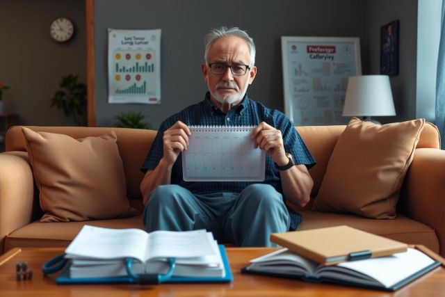 An elderly man with glasses sits on a couch surrounded by various papers and books, possibly in an office or study environment. He appears to be looking at the papers or reading a book, indicating a scholarly or intellectual activity.