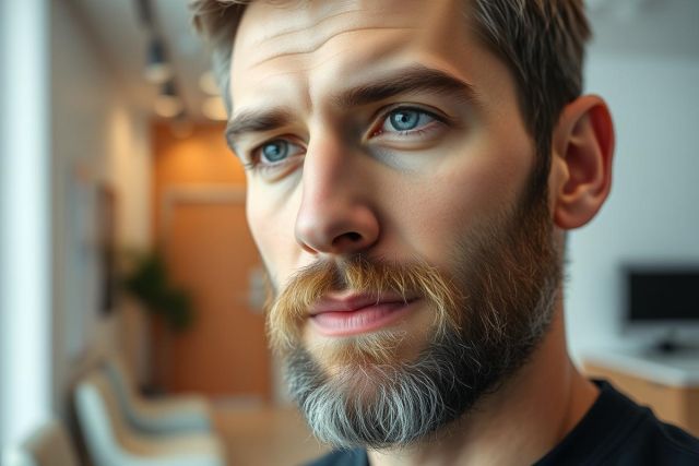 Close-up portrait of a young man with a beard and striking blue eyes. He's in a modern office setting with neutral colors and a blurred background. A stylish, contemporary look with a hint of gray in his beard.