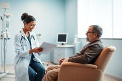 Doctor reviewing medical documents with a senior patient in a bright, modern clinic. Healthcare consultation scene featuring a female doctor, male patient, and examination room setting with blue walls and medical equipment. Focus on patient care and medical checkups.