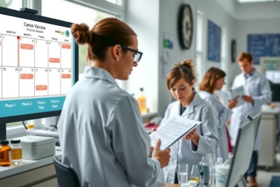 A group of scientists in lab coats, working at a conference room desk with computer screens and papers, discussing or reviewing research data on a presentation screen.
