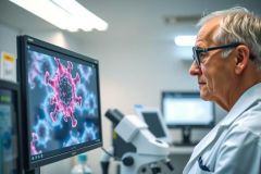 Scientist examining a virus sample on a monitor in a lab. He wears a white coat and glasses, focusing on the intricate details of the virus. Research and medical technology are key themes.