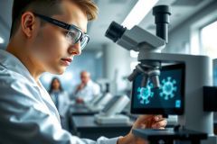 Scientist examining a microscope in a laboratory setting. Focus on research, analysis, and medical technology. Visible are lab equipment and a screen displaying virus imagery. Background shows other researchers at work.