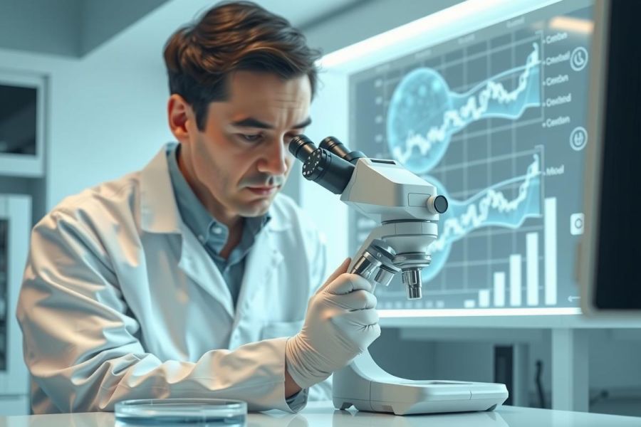 Scientist examining a sample under a microscope in a lab. Wearing a lab coat and gloves, the image highlights research, science, and medical analysis. Bright, sterile environment.