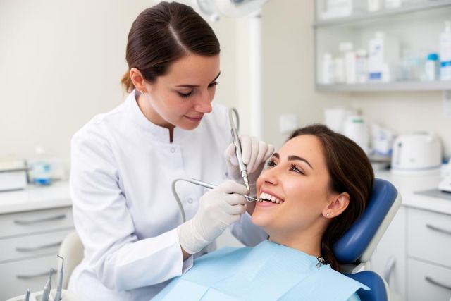 Young woman reclining in a dental chair, smiling as a dentist in gloves performs a routine cleaning with handpieces.
