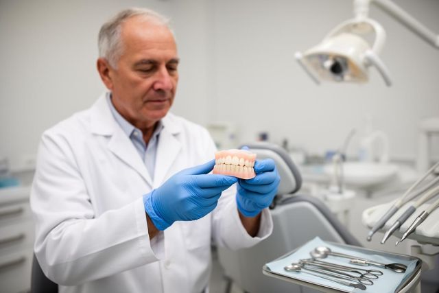 Dentist in a clinic holds a full set of dentures while explaining denture care and fit.