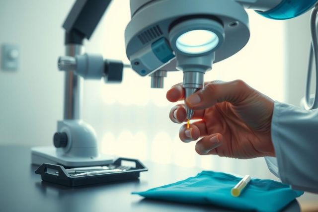Close-up of a scientist's hands examining a sample under a microscope in a lab setting. Focus on precision and scientific research. Blue and white color scheme.
