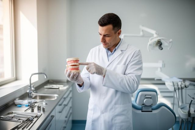 Dentist in clinic wearing gloves holds and points to a full-denture model while explaining care.