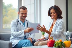 Two healthcare professionals in white coats review patient notes in a bright, modern office setting. Fresh produce is visible in the background, suggesting a focus on health and wellness.  Medical consultation, doctor patient, healthy lifestyle.