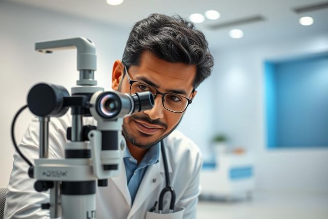 An optometrist or ophthalmologist examines a patient's eye using a slit lamp in a modern medical clinic. The professional wears glasses and a white coat, with a focus on eye care and healthcare technology. Blue and white tones dominate the clinical environment.