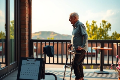 The painting depicts an elderly man standing on crutches in a sunny outdoor setting. He is likely observing something, either indoors or outdoors. The setting evokes a peaceful residential neighborhood with a brick building and a well-maintained garden behind it.