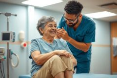 A doctor examines a patient in a medical setting. A healthcare worker in a blue coat examines the patient. The scene takes place in a brightly lit examination room where medical equipment is visible.