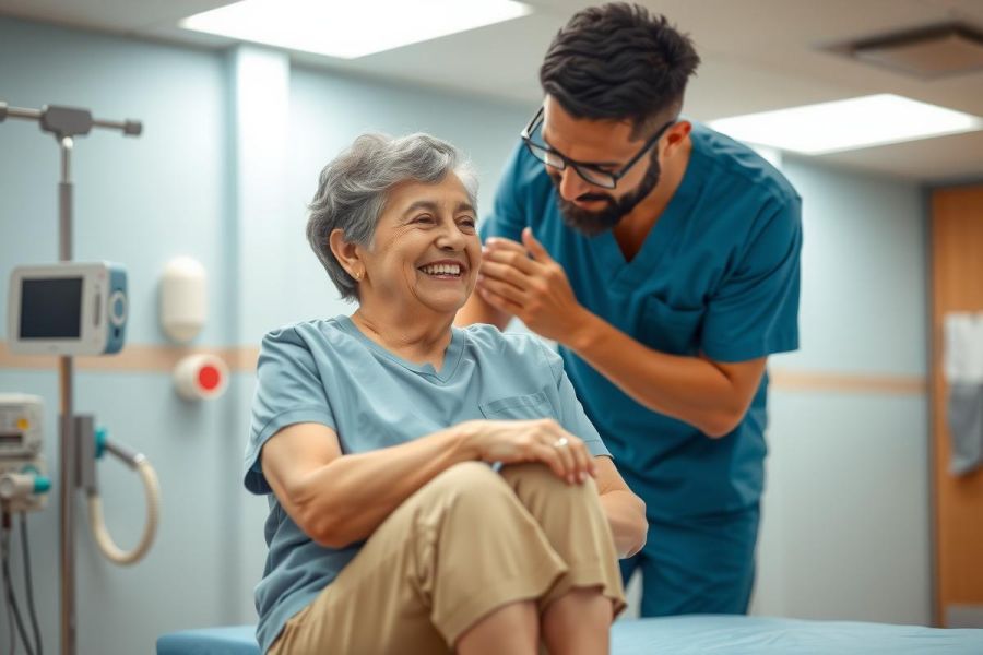 A doctor examines a patient in a medical setting. A healthcare worker in a blue coat examines the patient. The scene takes place in a brightly lit examination room where medical equipment is visible.