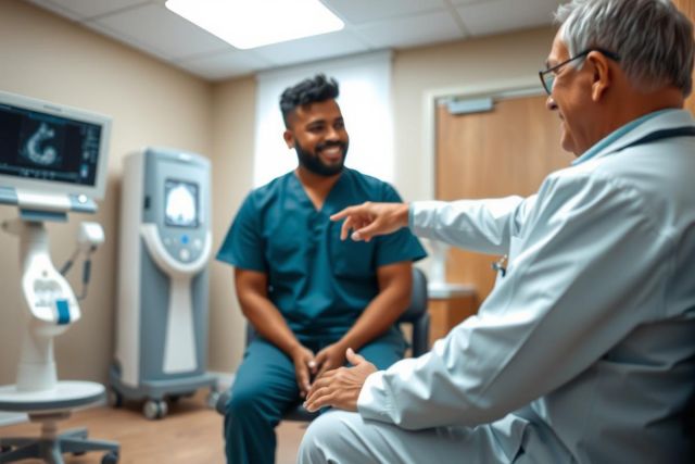Doctor and patient in a medical exam room. A male doctor in scrubs is talking to a patient. The room contains medical equipment, indicating a healthcare setting.
