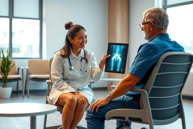 Doctor discusses X-ray results with a patient in a clinic. Healthcare professional shows diagnostic imaging to senior male. Medical examination, patient care, and diagnostic imaging are key themes.