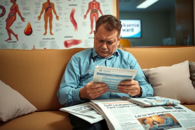 A man sitting on a couch reading newspapers. The living room has medical posters on the wall and a comfortable sofa.