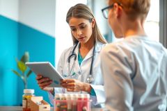 Doctor examining a patient and reviewing data on a tablet. Healthcare professional in a clinic setting, with medication and equipment visible. Blue background.