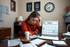 In the image, a woman is seated at her desk in an office environment. She has a puzzled expression on her face and appears to be deep in thought or possibly dealing with some work-related stress.