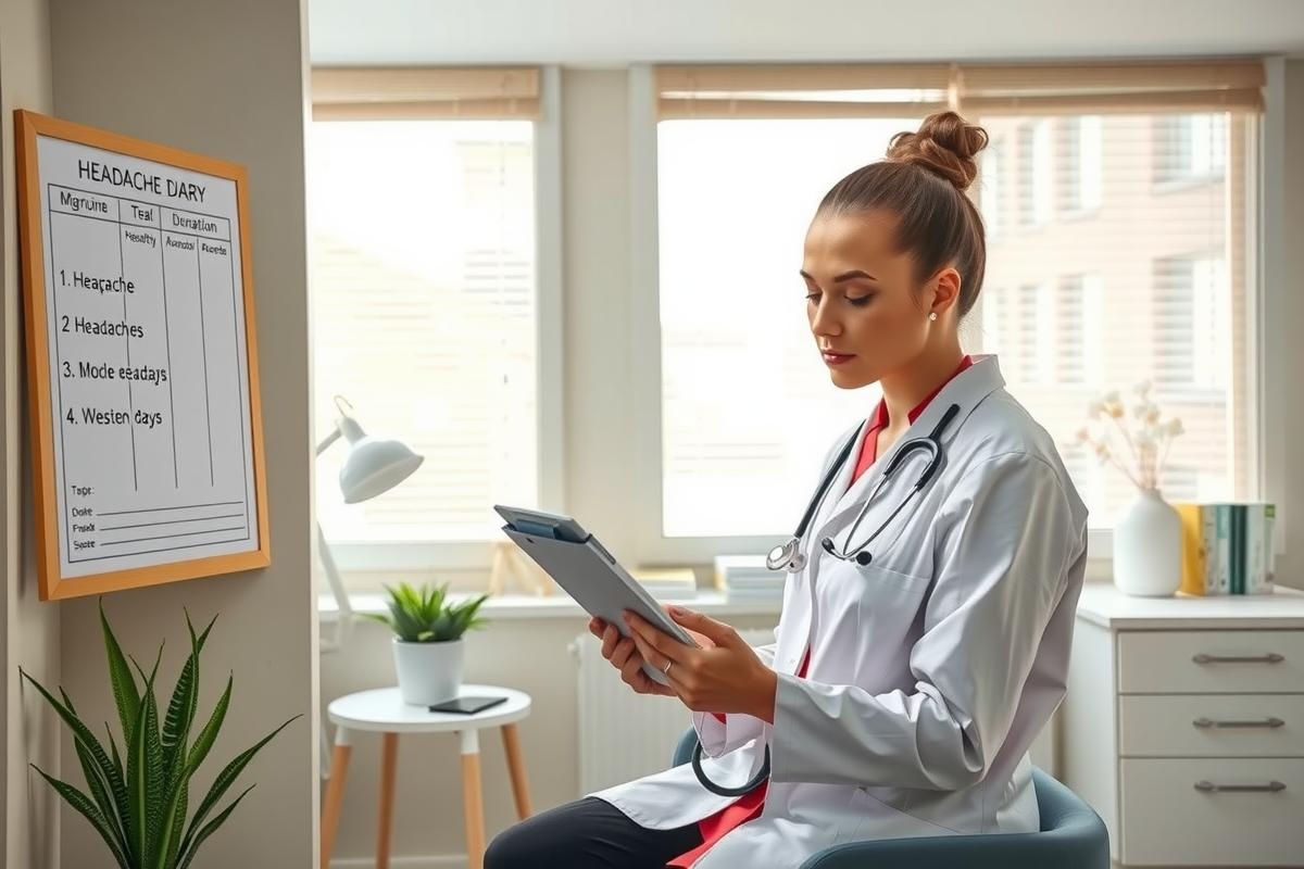 The image depicts a young woman, possibly a doctor or healthcare professional, sitting in what appears to be an office setting. She is dressed in a white medical coat over a red top and has her hair styled in a bun. The woman is holding a clipboard with her hand on it as if she's reviewing some data or patient information.