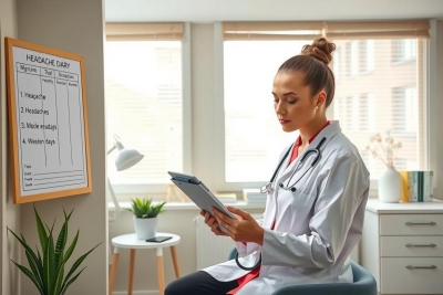 The image depicts a young woman, possibly a doctor or healthcare professional, sitting in what appears to be an office setting. She is dressed in a white medical coat over a red top and has her hair styled in a bun. The woman is holding a clipboard with her hand on it as if she's reviewing some data or patient information.