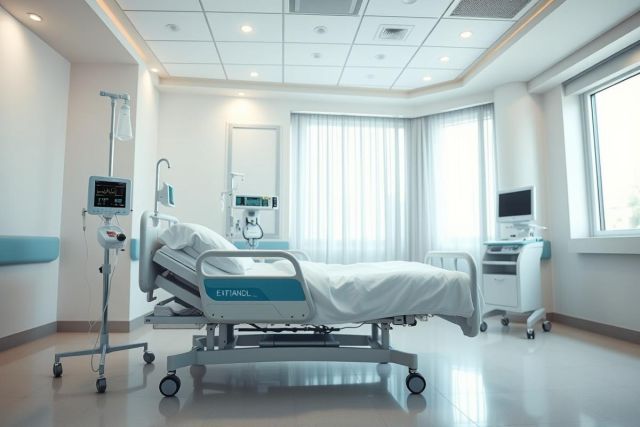 Modern hospital room interior featuring a patient bed, medical equipment, and a large window. The space is bathed in soft, neutral colors—white, light blue, and gray—creating a clean and calming atmosphere. Healthcare setting, medical facility, and patient care are key themes.