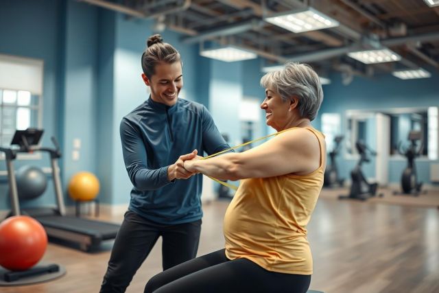 Personal trainer assists senior woman with resistance band exercise in a bright, modern gym. Focus on fitness for seniors, healthy aging, and physical therapy. Blue and yellow color scheme, exercise equipment visible in background.