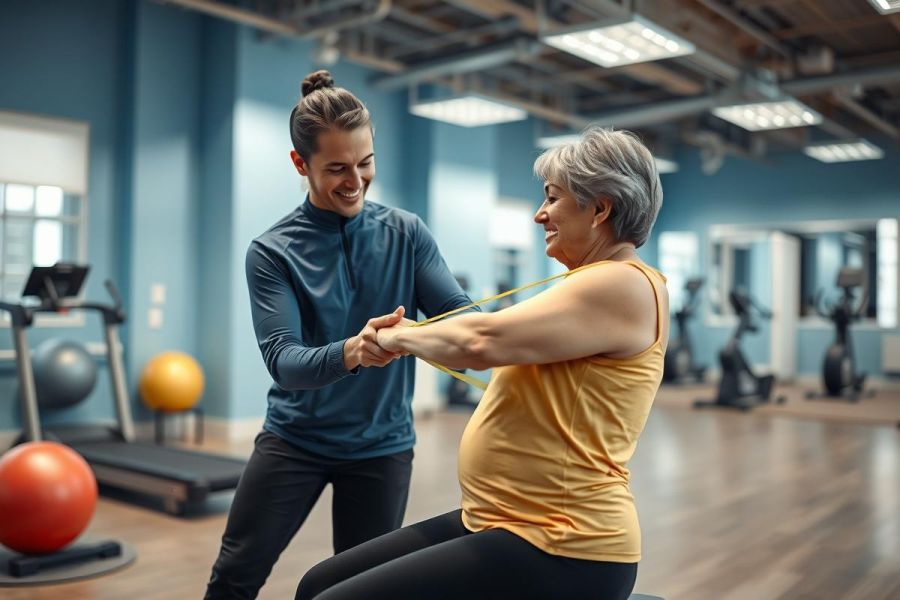 Personal trainer assists senior woman with resistance band exercise in a bright, modern gym. Focus on fitness for seniors, healthy aging, and physical therapy. Blue and yellow color scheme, exercise equipment visible in background.
