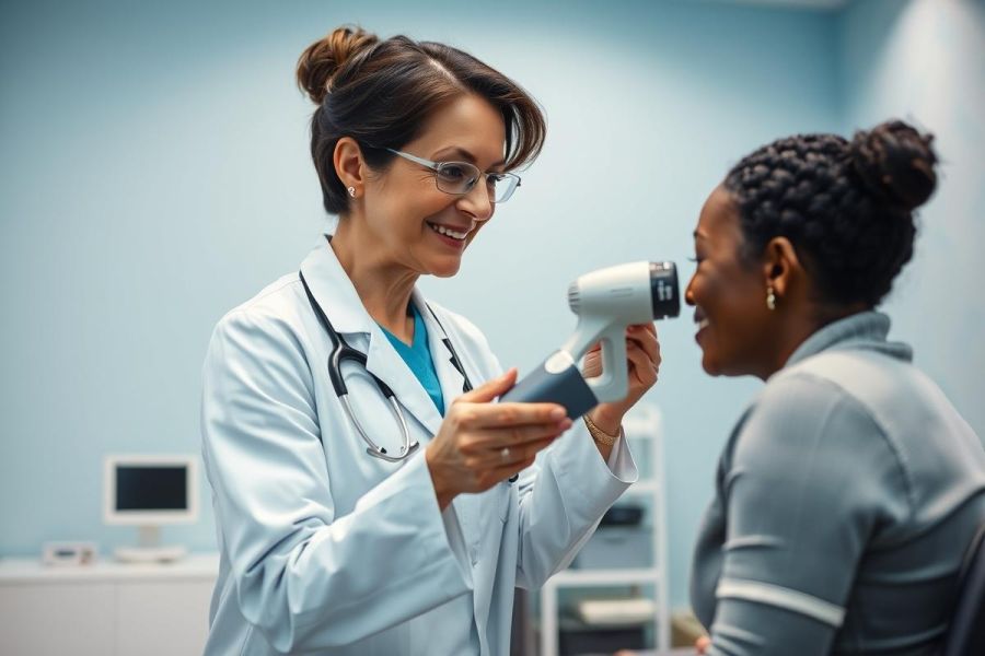 Optometrist examining a patient's eyes in a modern clinic. A female doctor in a white coat uses a handheld device during an eye test. The scene features a light blue background and conveys healthcare, vision care, and professional medical examination.