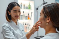 Close-up of a skincare professional examining a client's face in a bright, modern clinic. The setting includes product displays and a clean, minimalist aesthetic. Focus on facial assessment and skincare analysis.