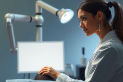 A female aesthetician or beautician working on a client's head, likely performing a treatment. The scene is brightly lit with a professional setting and focus on skincare or beauty services.